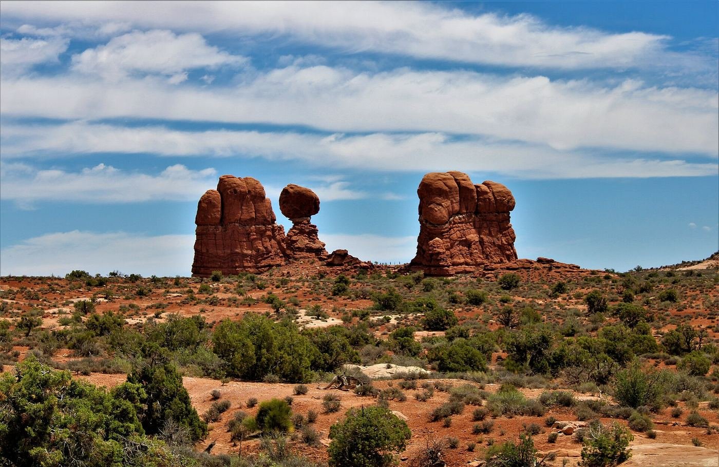 Balanced Rock formation along the main park road in Arches National Park