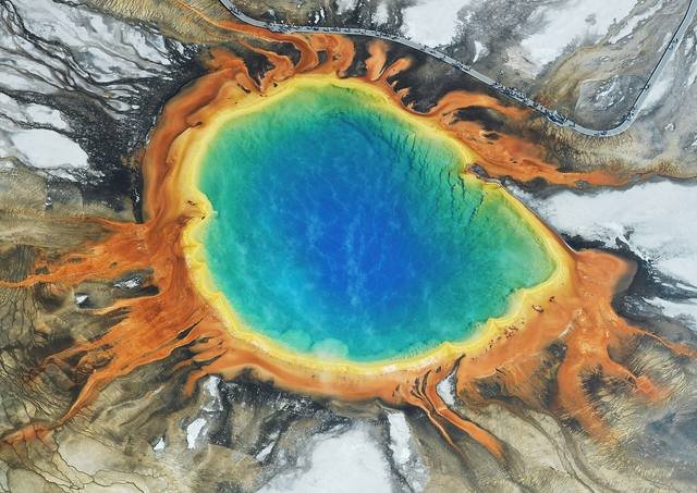 Aerial view of Grand Prismatic Spring in Yellowstone
